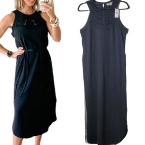 LOFT NWT Women's Black Crochet Halter Neck Sleeveless Knit Cotton Midi Dress‎